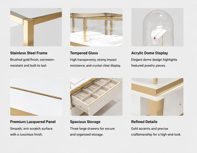 Material and Craft Detail of White Glass Gold Trim Jewelry Counter