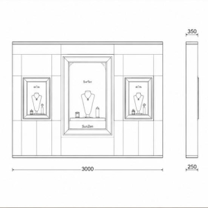 Triple Recess Wall Vitrine | Gold Trim Panel Wall Stepped Interior Shelf Wall Mounted Jewelry Booth Multi-Frame Gem Display Wall 3 CAD layout triple recess wall vitrine gold trim panel wall stepped interior shelf wall mounted jewelry booth multi-frame gem display wall dimension drawing