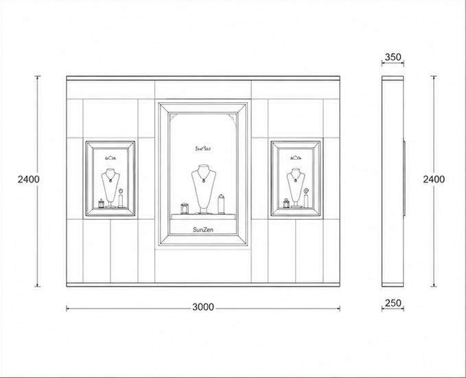 CAD layout triple recess wall vitrine gold trim panel wall stepped interior shelf wall mounted jewelry booth multi-frame gem display wall dimension drawing