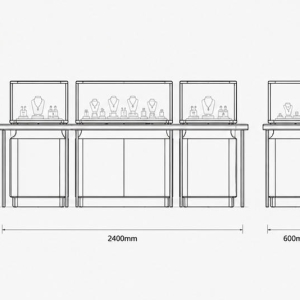 Gold Jewelry Glass Counter | Luxury Retail Display Kiosk - Sunzen 6 CAD drawing three nested size gold trim jewelry island cream leather cabinet thin gold leg frame enclosed glass jewelry booth