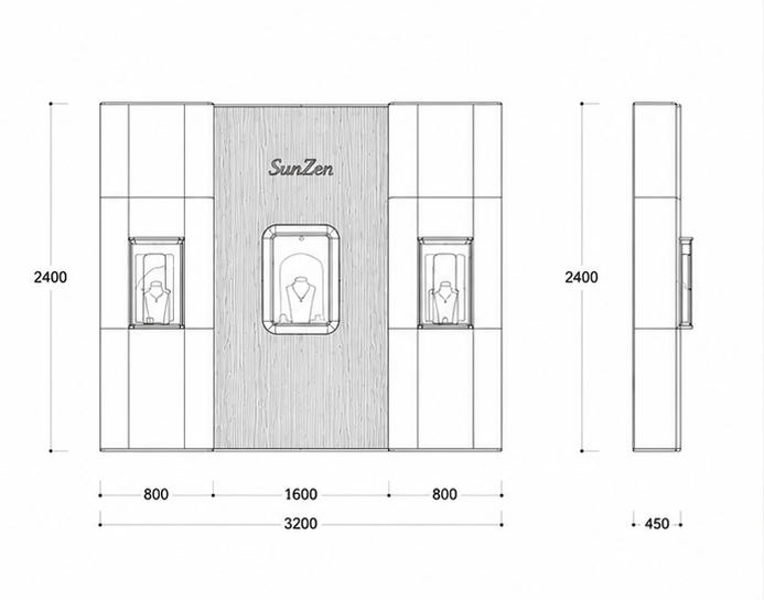 CAD layout triple niche brand wall wood cream panel wall rounded recess vitrine central logo backdrop flanking small gem booth dimension drawing