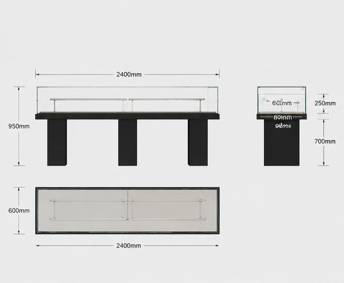 CAD layout multi plinth long vitrine open frame horizontal booth linear artifact display table triple support exhibit cabinet long linear heritage case dimension drawing