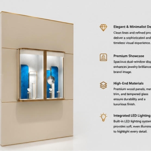 Dual Recess Niche Wall | Double Gold Frame Vitrine Blue Velvet Accent Panel Three Band Cream Wall Divided Gem Backdrop Unit 4 Close-up symmetrical paired rounded gold frame vitrines, curved blue velvet decorative back inserts, built-in top spotlights inside dual recess niche wall divided gem backdrop unit