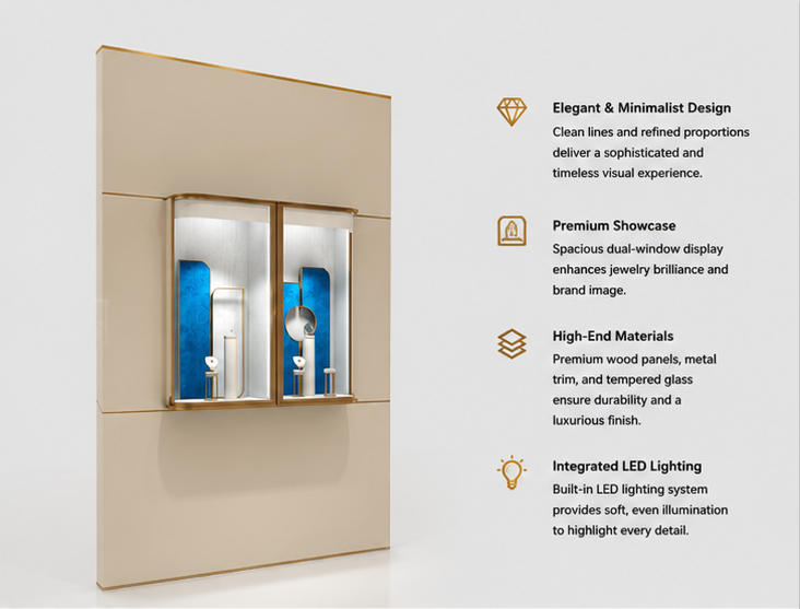 Close-up symmetrical paired rounded gold frame vitrines, curved blue velvet decorative back inserts, built-in top spotlights inside dual recess niche wall divided gem backdrop unit