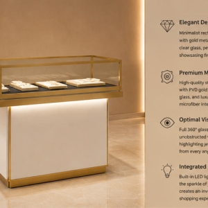 Dual Jewel Counter | Gold Trim Glass Case - Sunzen 5 45 render dual jewel counter gold trim glass case cream base cabinet black velvet liner linked display unit feature labels