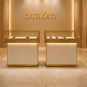 Dual Jewel Counter | Gold Trim Glass Case - Sunzen 3 Full front render linked display unit dual jewel counter two-section gold trim glass showcase cream storage cabinet set