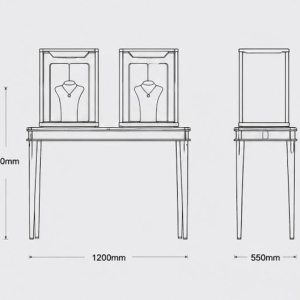 Square Glass Jewelry Cloche | Polished Gold Console Table Twin Jewelry Display Set – Sunzen Display 5 CAD layout drawing of twin square glass jewelry cloche polished gold console table vertical glass vitrine dimension marking