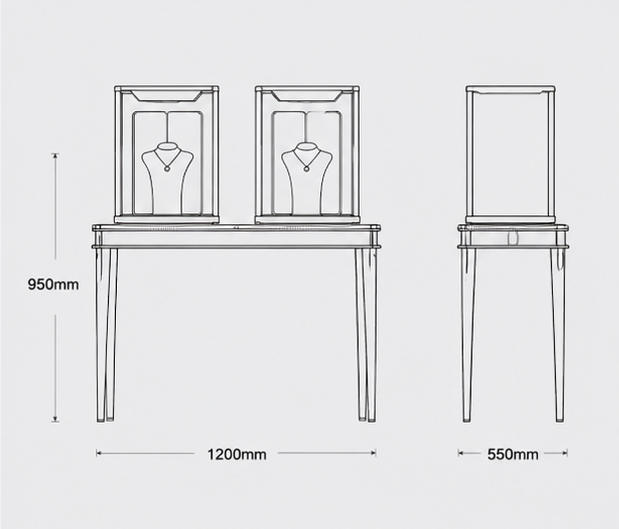 CAD layout drawing of twin square glass jewelry cloche polished gold console table vertical glass vitrine dimension marking