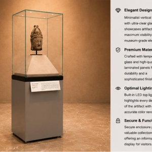 Tall Vertical Artifact Vitrine | Pedestal Museum Plinth Upright Heritage Kiosk – Sunzen Display 3 Feature close-up of tall vertical UV-block glass, pyramid suede pedestal, front info label panel of upright heritage kiosk