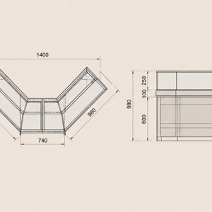 V-Shaped Wood Trim Jewelry Corner Showcase | Store Corner Enclosed Jewelry Display Counter - SUNZEN 4 V-Type L Corner Fit & Under-Cabinet Storage Mechanical CAD Drawing of Jewelry Corner Showcase