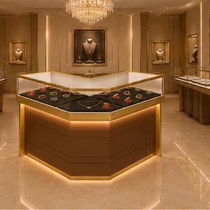 V-Shaped Wood Trim Jewelry Corner Showcase | Store Corner Enclosed Jewelry Display Counter - SUNZEN 6 On-site Wall Corner Installation Shot Of V-Shaped Wood Trim Jewelry Corner Showcase In Fine Jewelry Boutique
