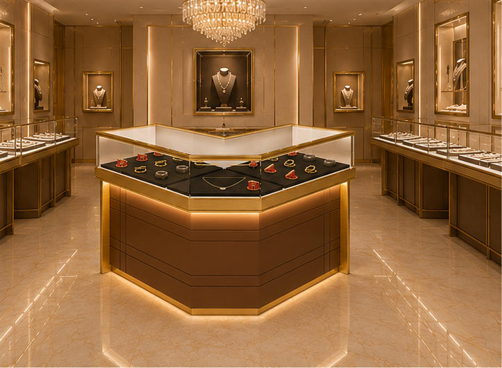 On-site Wall Corner Installation Shot Of V-Shaped Wood Trim Jewelry Corner Showcase In Fine Jewelry Boutique