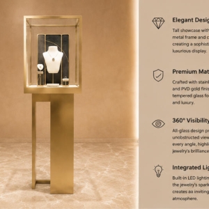 Tall Gold Vitrine | Floor Jewel Tower Necklace Display Stand - Sunzen 5 45° oblique render tall gold vitrine floor jewel tower necklace display stand black fabric backdrop asymmetry jewel plinth feature labels