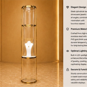 Tall Cylinder Jewelry Tower | Gold Rim Glass Pedestal Vertical Round Vitrine – Sunzen Display 5 Feature close-up of gold rim circular glass, built-in top LED light, central single necklace plinth of slim floor display stand