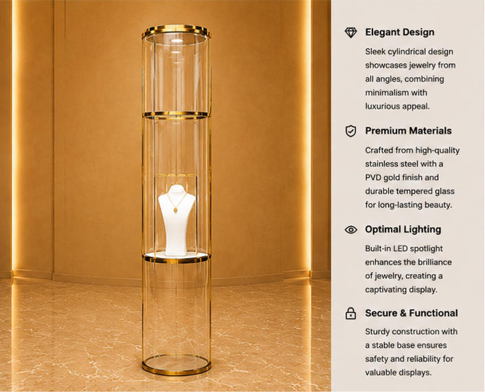 Feature close-up of gold rim circular glass, built-in top LED light, central single necklace plinth of slim floor display stand