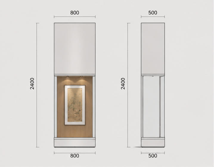 CAD layout vertical scroll vitrine wood back wall booth tall narrow art case wall hanging painting unit scroll heritage display cabinet dimension drawing