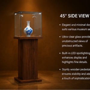 Close-up vertical side embedded strip LED lights, mini square UV glass top cover, solid wood flat display plinth inside porcelain bottle vitrine solid wood pedestal booth