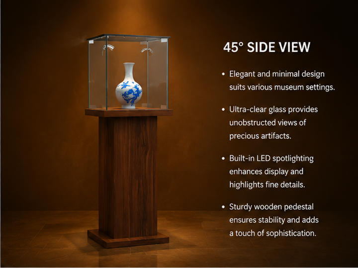 Close-up vertical side embedded strip LED lights, mini square UV glass top cover, solid wood flat display plinth inside porcelain bottle vitrine solid wood pedestal booth