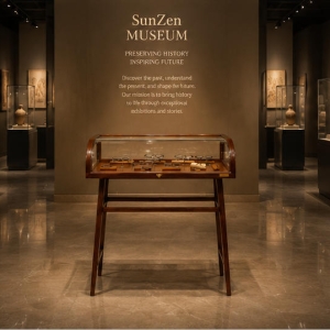 On-site render curved top wood vitrine flip front antique unit vintage metal relic cabinet placed along museum corner wall for vintage metal tool relic exhibition