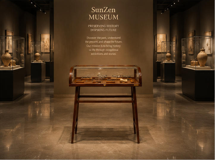On-site render curved top wood vitrine flip front antique unit vintage metal relic cabinet placed along museum corner wall for vintage metal tool relic exhibition
