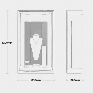 Wall Jewel Vitrine | Gold Frame Wall Mounted Booth - Sunzen 6 CAD drawing wall jewel vitrine gold frame wall case wall mounted booth blue silk backdrop built-in necklace bust stand layout dimension