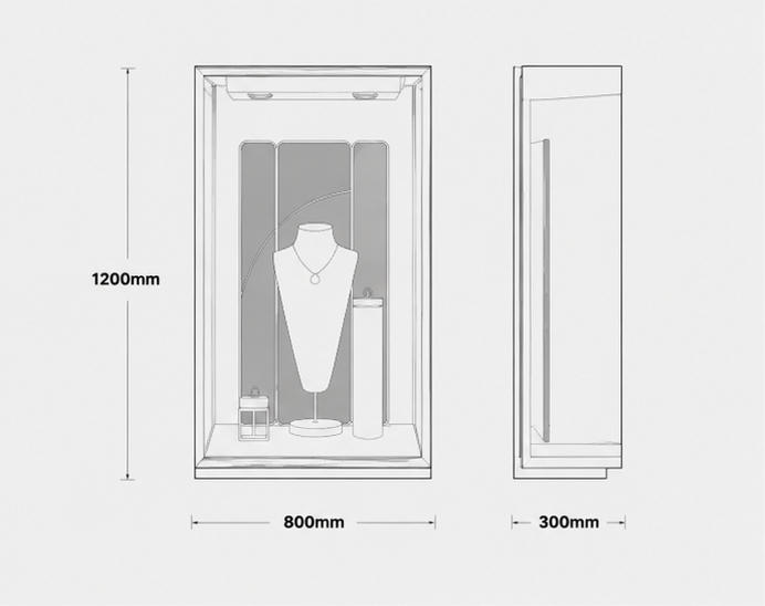 CAD drawing wall jewel vitrine gold frame wall case wall mounted booth blue silk backdrop built-in necklace bust stand layout dimension