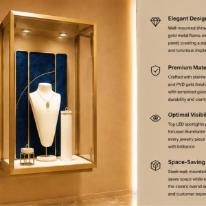 Wall Jewel Vitrine | Gold Frame Wall Mounted Booth - Sunzen 5 45° render wall jewel vitrine gold frame wall case blue silk backdrop necklace bust stand wall mounted booth functional labels