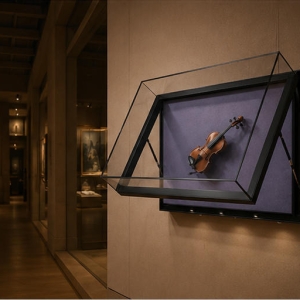 Wall Mount Museum Display Case | Front Hydraulic Flip Art Showcase - SUNZEN 6 On-site Wall Installation Shot Of Hydraulic Flip Wall Museum Display Case In Art Gallery