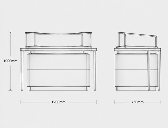 CAD drawing curved jewel island semicircle kiosk unit wave metal frame raised tier plinth rounded drawer base dimension layout