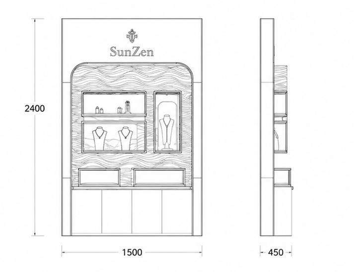 CAD layout wave texture niche wall multi tier glass cubby backlit brand header panel lower cream drawer bank rounded gold arch display unit dimension drawing