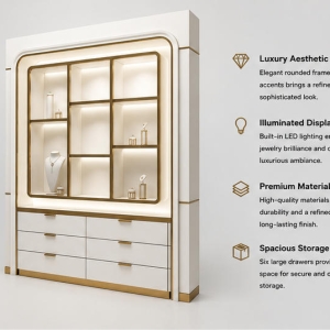 Jewelry Grid Wall Cabinet | White Curved Gold Trim Multi-Drawer Display Unit – Sunzen 4 45 Degree Full Render of Curved Gold Trim Jewelry Wall Unit