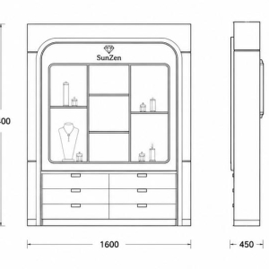 Jewelry Grid Wall Cabinet | White Curved Gold Trim Multi-Drawer Display Unit – Sunzen 3 White Curved Grid Jewelry Wall Cabinet CAD Drawing