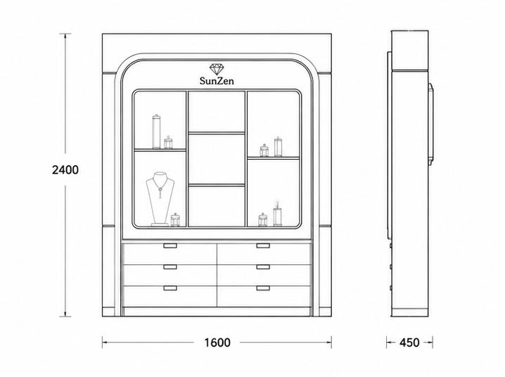 White Curved Grid Jewelry Wall Cabinet CAD Drawing