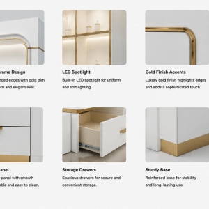 Jewelry Grid Wall Cabinet | White Curved Gold Trim Multi-Drawer Display Unit – Sunzen 5 Material & Craft Close-up of Curved Gold Trim Grid Wall Cabinet