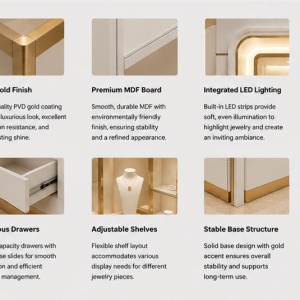 Grid Shelf Cabinet | Drawer Jewel Wallcase Backlit Niche Unit - Sunzen 4 Close-up thin gold grid shelf cabinet frame soft LED backlit niche unit matte drawer jewel wallcase storage jewelry hutch handle trim