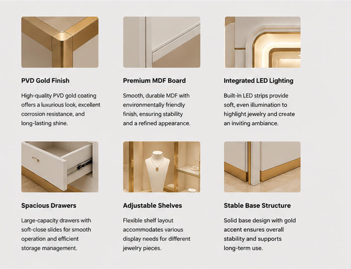 Close-up thin gold grid shelf cabinet frame soft LED backlit niche unit matte drawer jewel wallcase storage jewelry hutch handle trim