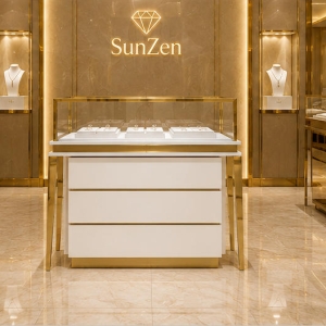 Real Installation Shot In White Tone Minimalist Luxury Fine Jewelry Flagship Store Central Long Sales Aisle Zone