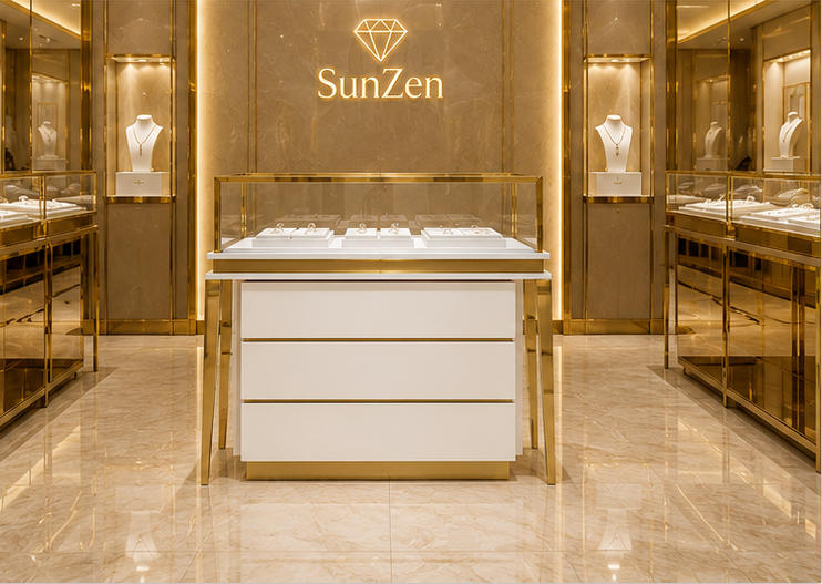 Real Installation Shot In White Tone Minimalist Luxury Fine Jewelry Flagship Store Central Long Sales Aisle Zone