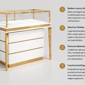 45 Degree Full Render of Matte White Triple Drawer Full Perimeter Gold Frame Tapered Leg Jewelry Showcase