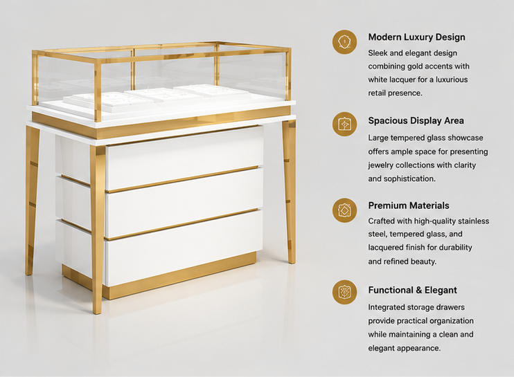45 Degree Full Render of Matte White Triple Drawer Full Perimeter Gold Frame Tapered Leg Jewelry Showcase