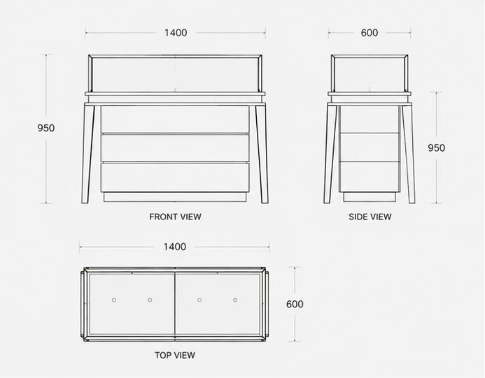 Jewelry White Triple Drawer Gold Frame Display Counter CAD Structural Drawing