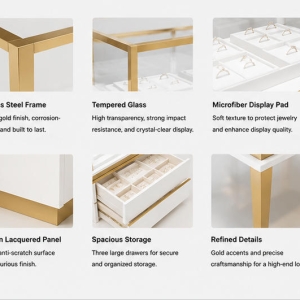 Material & Craft Close-up of White Triple Drawer Full Gold Frame Tapered Leg Jewelry Display Counter