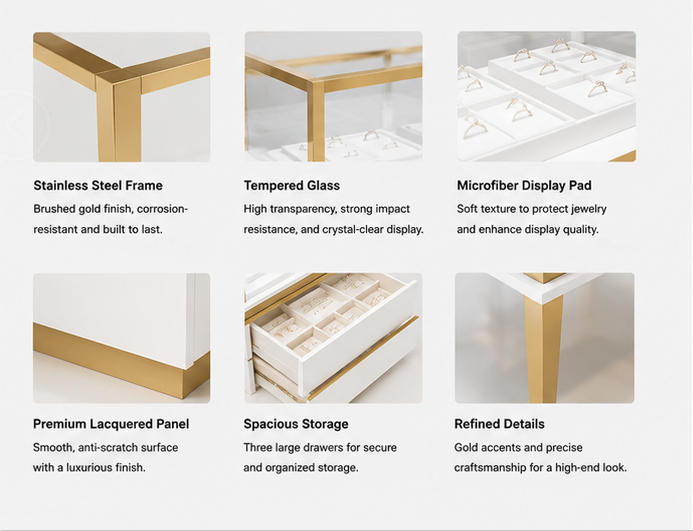 Material & Craft Close-up of White Triple Drawer Full Gold Frame Tapered Leg Jewelry Display Counter