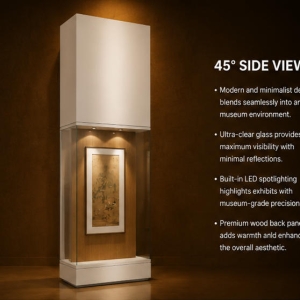 Vertical Scroll Vitrine | Wood Back Wall Booth Tall Narrow Art Case Wall Hanging Painting Unit Scroll Heritage Display Cabinet 4 Close-up solid wood grain rear backdrop, top recessed warm spotlights, full side UV transparent glass inside vertical scroll vitrine wood back wall booth