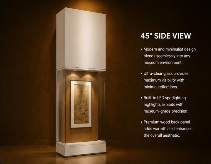 Close-up solid wood grain rear backdrop, top recessed warm spotlights, full side UV transparent glass inside vertical scroll vitrine wood back wall booth