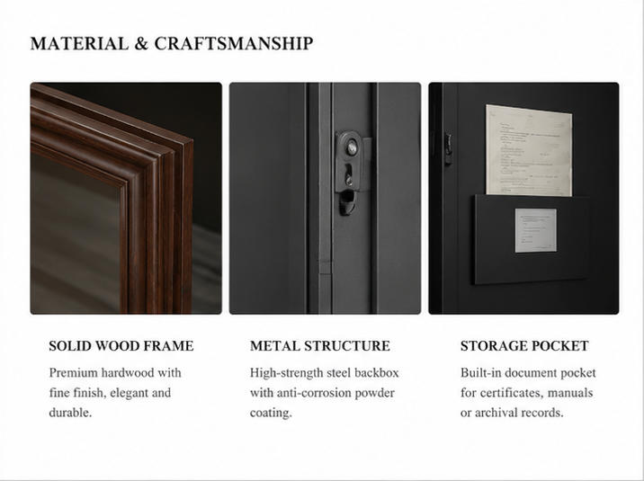 Museum Wall Display Case Wood Frame & Side Hinge Component Close-up