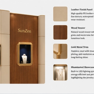Triple Niche Brand Wall | Wood Cream Panel Wall Rounded Recess Vitrine Central Logo Backdrop Flanking Small Gem Booth 5 Material close-up natural wood veneer central panel, seamless block spliced cream side panels, full thin gold edge trim, low iron anti-reflection recess glass for rounded recess vitrine flanking small gem booth