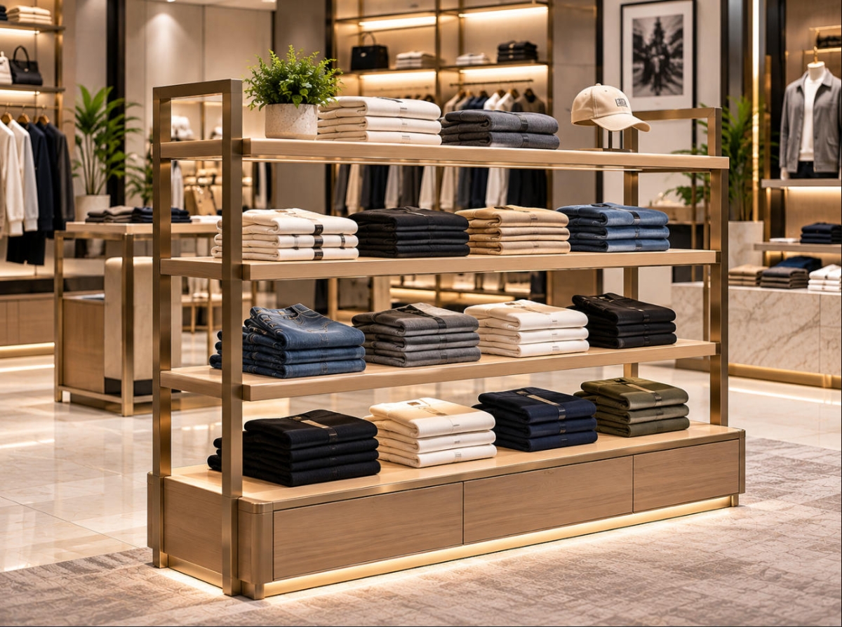 Custom Apparel Display Shelf for Folded Clothing & Fashion Retail Stores 1 Custom apparel display shelf with champagne gold metal frame, wood shelving and neatly folded clothing in a fashion boutique