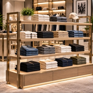 Custom Apparel Display Shelf for Folded Clothing & Fashion Retail Stores 2 Custom apparel display shelf with champagne gold metal frame, wood shelving and neatly folded clothing in a fashion boutique