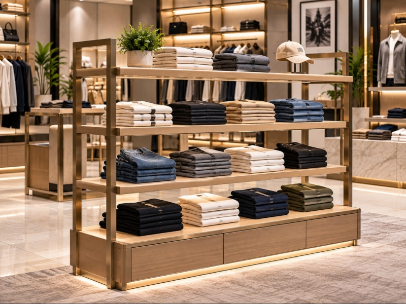 Custom apparel display shelf with champagne gold metal frame, wood shelving and neatly folded clothing in a fashion boutique